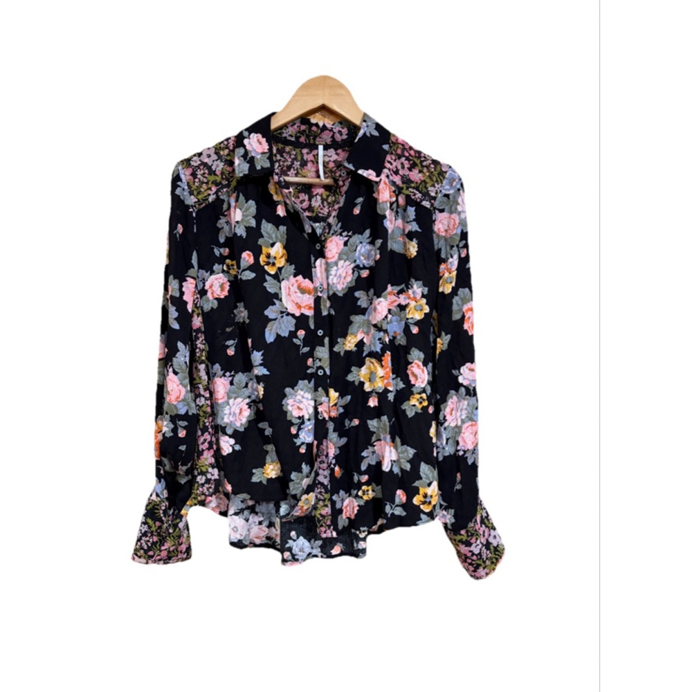 Free People Floral Button Front Blouse Black Pink Boho Cottagecore Top S